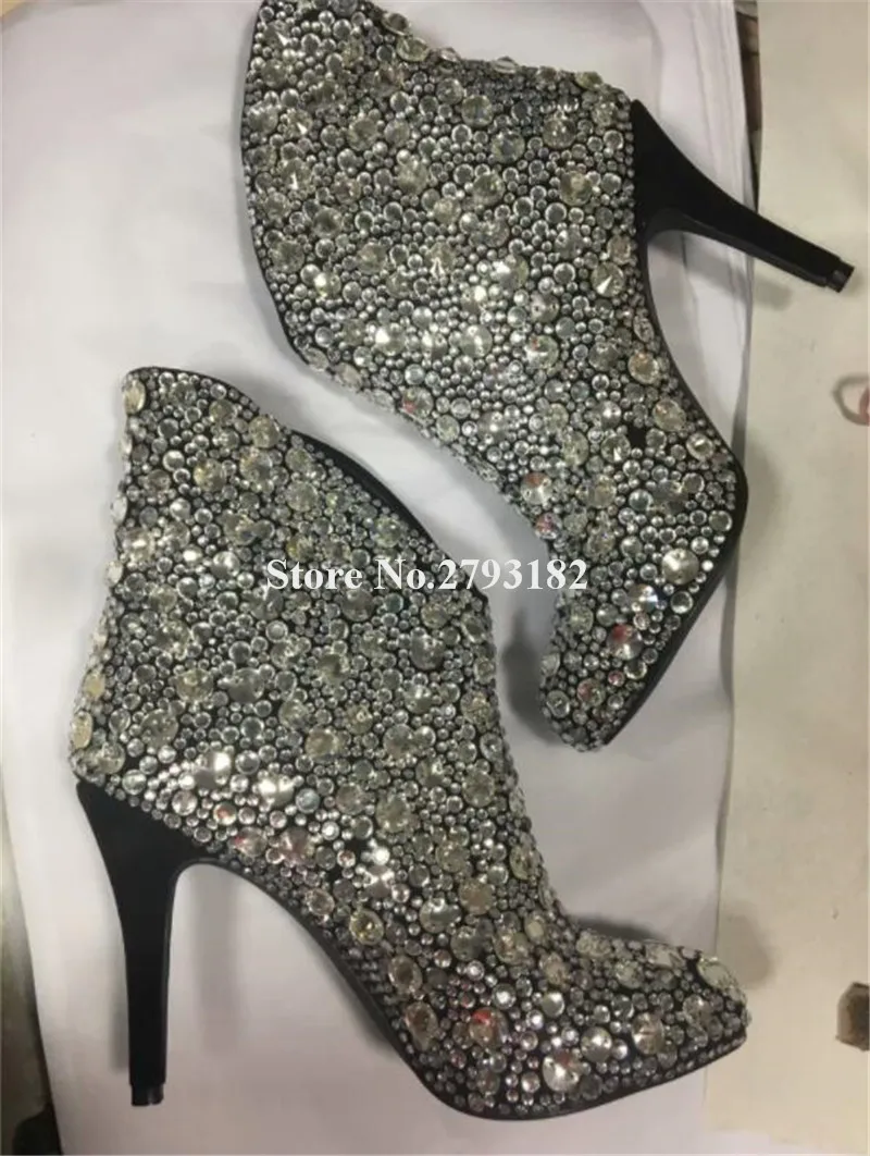 Alto De Vestir Slip Corto Tacón El Cristal Fino Bling Zapatos Punta Del Club Talón Tobillo Botas Mujeres Lujo Rhinestone Las en Zvn4Rg