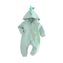 Одежда для новорожденных мальчиков Детский комбинезон с капюшоном на молнии, зеленый весенне-осенний комбинезон милая одежда с животными для детей от 0 до 18 месяцев
