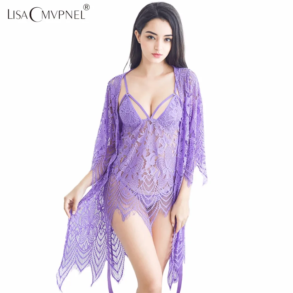 

Lisacmvpnel 3 Pcs Hollow Sexy Women Robe+Nightgown+G-String Sets Long Section Breathable Women Bathrobe