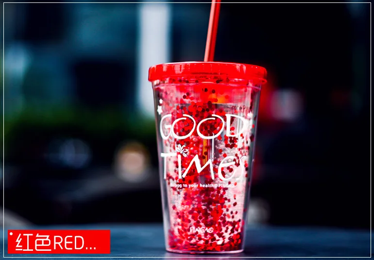 450 мл, кофейная чашка для девочек, кружка с соломинкой и крышкой, блестящая, с двойной стенкой, изолированная пластиковая бутылка для воды, для ледяного фруктового сока - Цвет: Красный