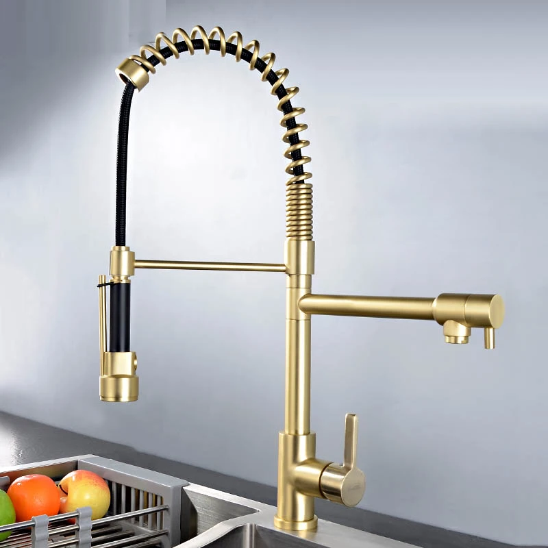 

Copper cold hot water high pressure American black kitchen faucet pull wire-drawing gold pure water wash pot flower sprinkle tap