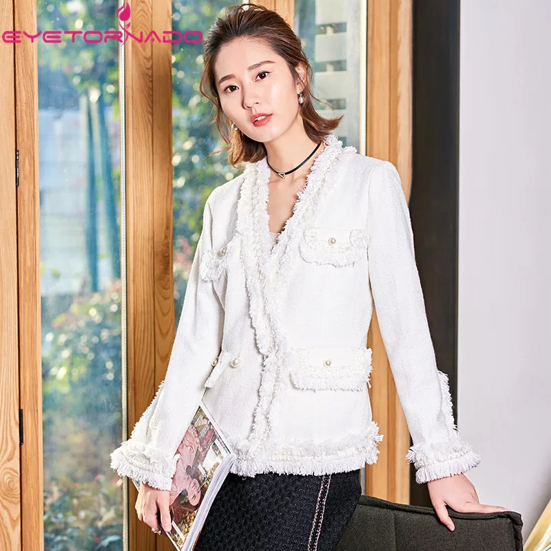 Décontracté Veste En Perles Laine Poches Bureau Hiver À V Manteau Travail Automne Gland Franges Femmes Court Tweed Cou Bouton D'affaires Blanc 8qpwRf