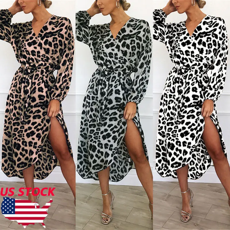 Women Dress Autumn 2018 Ladies Leopard Print Dresses Sexy Women V Neck Long Sleeve Midi Dress Womens Dresses Fall Evening Party