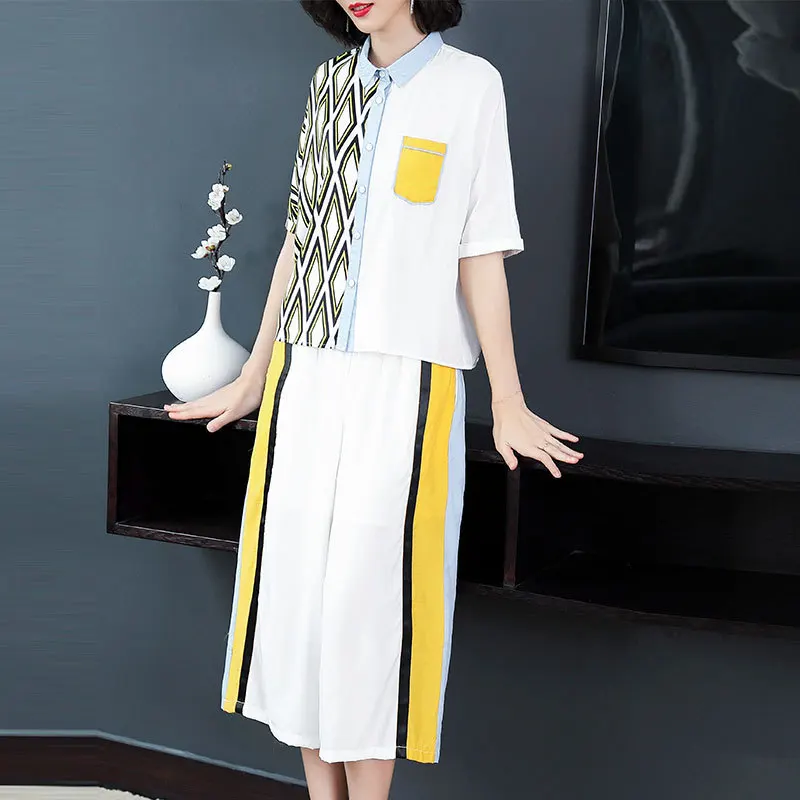 

2019 Summer Women Two Piece Outfits Fashion Matching Sets Striped Linen Festival Clothing Co-ord Set White Top and Pant Suits