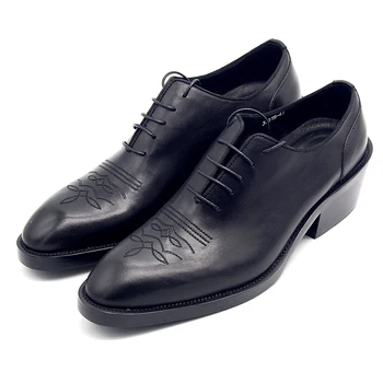 

Black Men Oxfords Med heels Real leather Fashion Designer Lace Formal Business Shoes Big Size euro 39-45