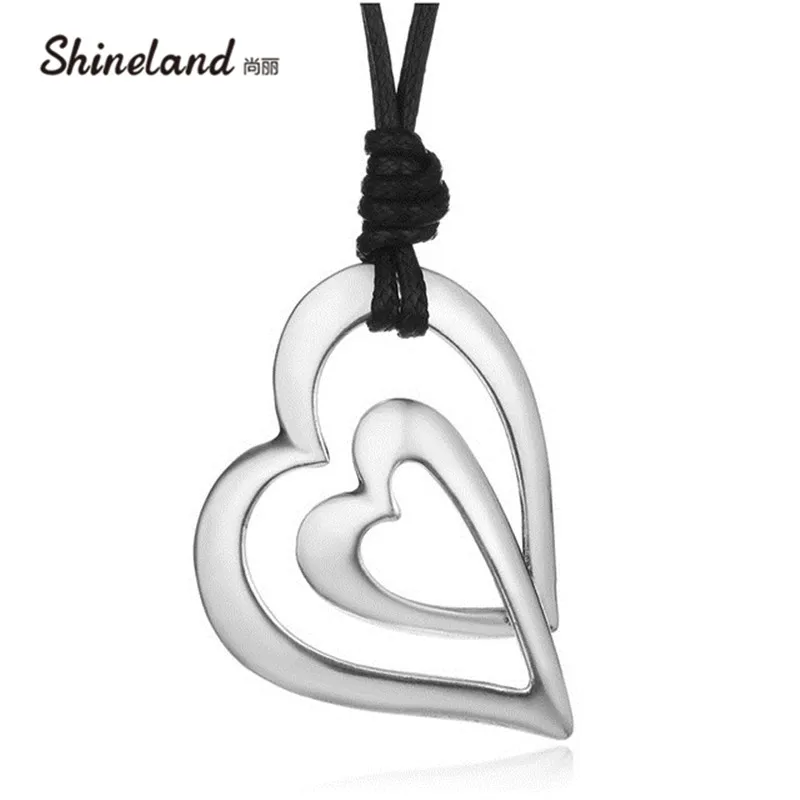 Shineland трендовая цепочка из искусственной кожи с сердечком в 3 стилях, винтажное длинное ожерелье с серебряным рисунком, женское ювелирное изделие
