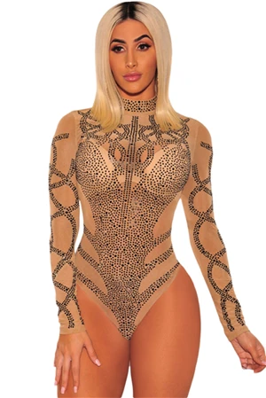 Adogirl Gold Rhinestone Faux Bustier Mesh Long Sleeves Bodysuit Mock Neck Thong Bottom Sexy Feminine Rompers Club Costumes Tops black bodysuit Bodysuits