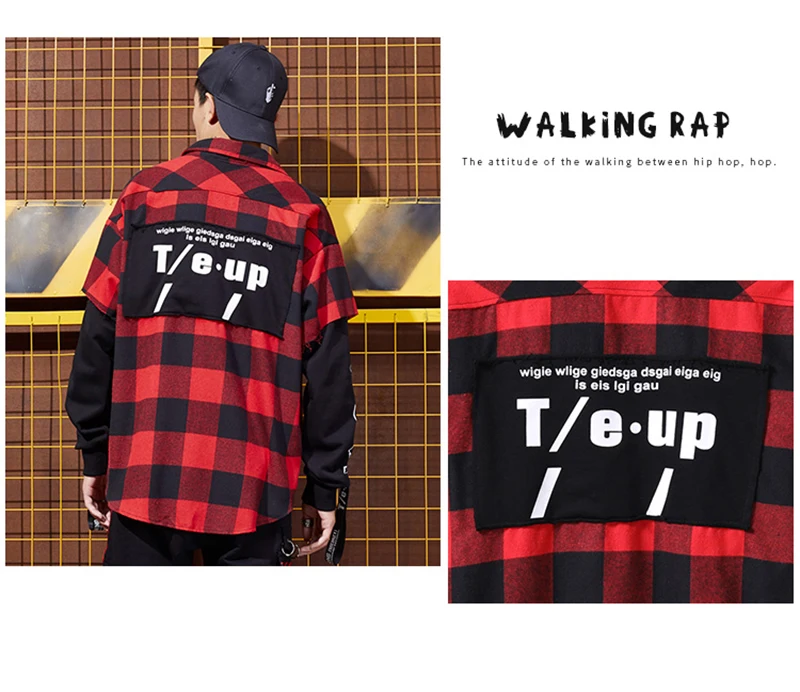 Red And Black Plaid Patchwork Shirt Men  (6)