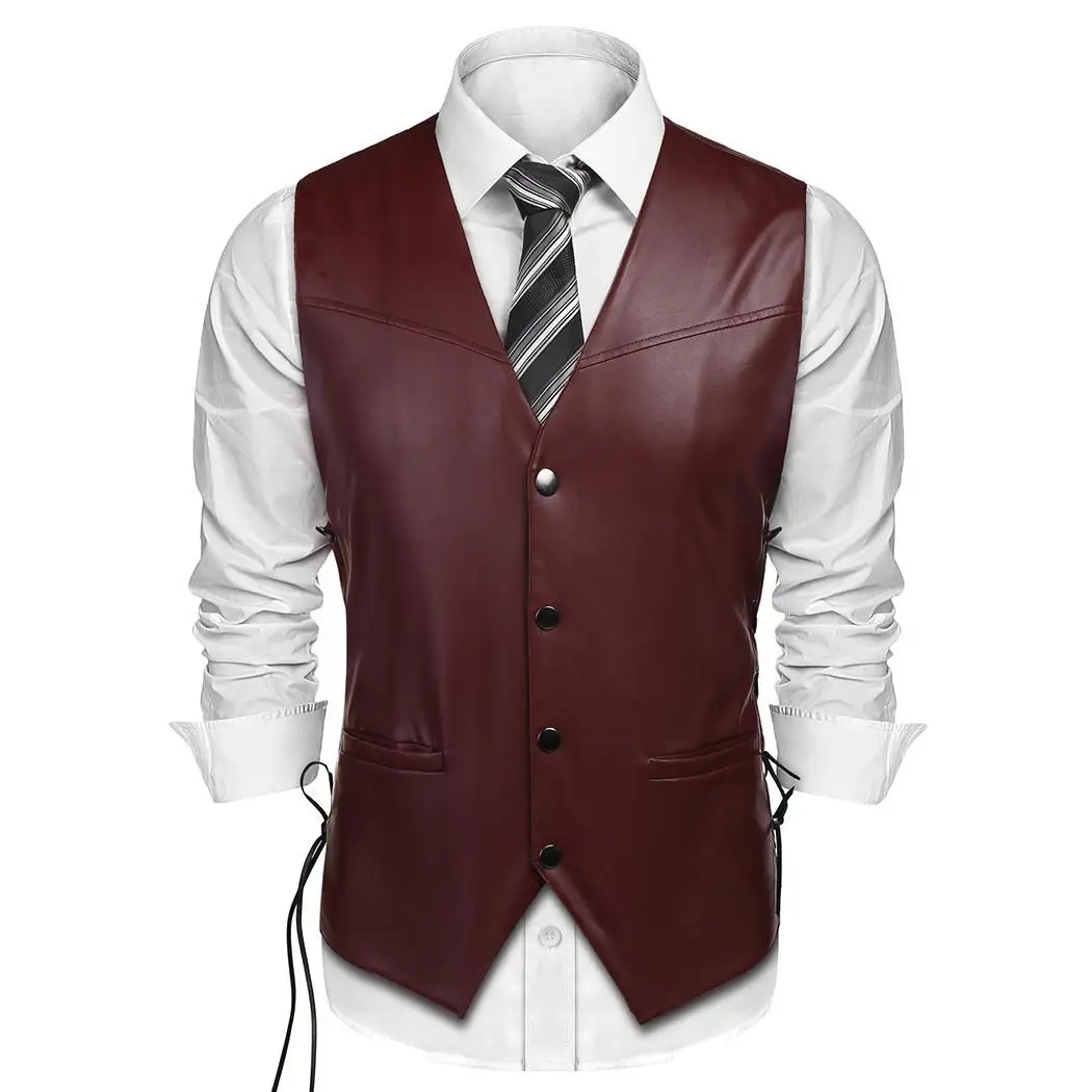 

Men Winter Artificial Leather V Neck Sleeveless Snap Button Solid Lace Up Casual Sides Vest