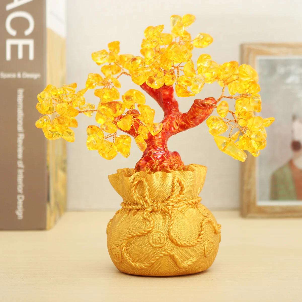 

KiWarm 1Pcs Feng Shui Wealth Resin Lucky Gold Citrine Crystal Gem Money Tree Decoration For Home Shop Figurines Miniatures