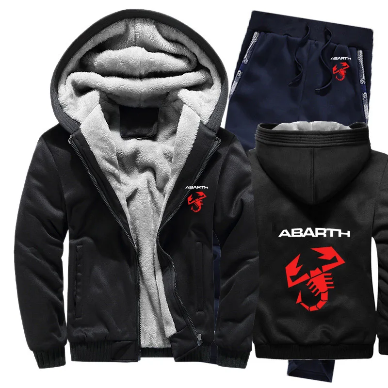 

Hoodies Men Abarth Car Logo Mens Hoodies Suit Winter Thicken Warm Fleece cotton Zipper Tracksuit Mens Jacket+Pants 2Pcs Sets