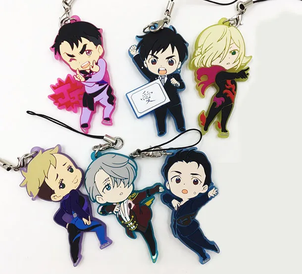 

6pcs/set YURI ON ICE Anime keychain Victor Nikiforov Katsuki JJ Otabek Yuuri Rubber strap/mobile phone charms