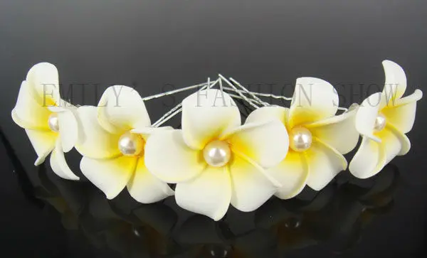 

6Pcs Small White Hawaiian Plumeria Pearl Flower Foam Hair Clip Pin