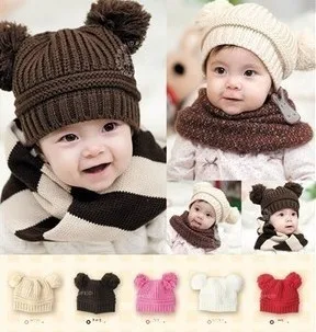 

Children baby hat double ball knitted autumn winter keep warm cap baby boys girls Ear protection cap 5pcs free shipping