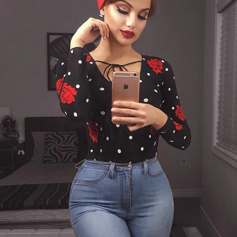 

Black Printed Bodysuit Women 2018 Spring Summer O Neck Dot Jumpsuit Rompers High Strech Sexy Top Ladies Skinny Bodysuits