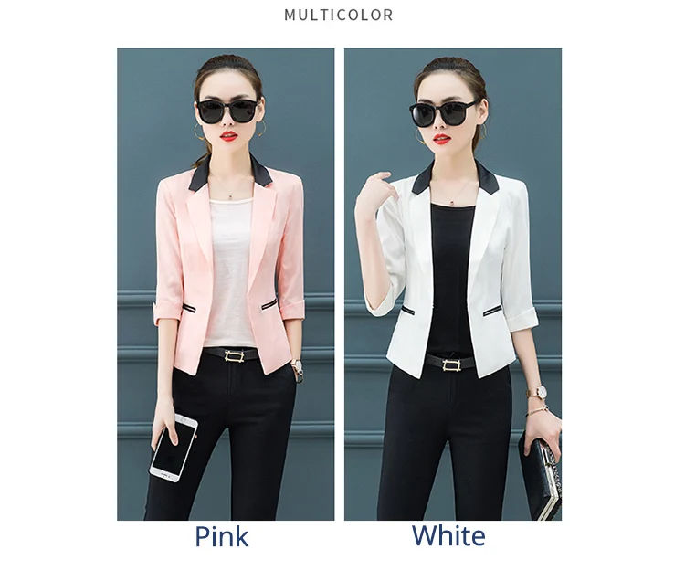 Весенняя женская куртка с рукавом три четверти, хит цвета, Тонкий Блейзер, женское короткое пальто, розовый, белый, блейзеры и куртки, одежда для работы