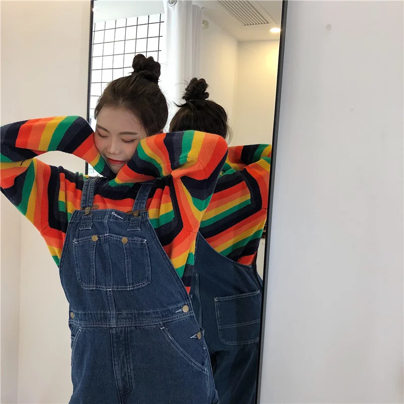 Woherb корейский Свободный Радужный свитер женский Осень Modis винтажный полосатый вязаный пуловер женский Harajuku джемпер 22871