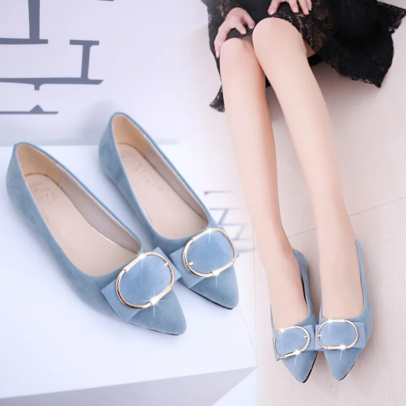 

2019 new flat bottom women's shoes bow pointed shallow mouth flat with wild round head buckle scoop casual shoes