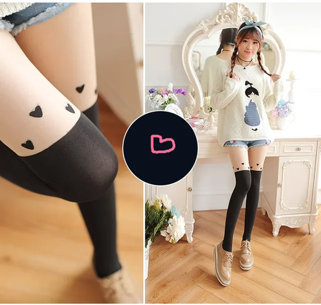 Patchwork Tights Pantyhose Women Sexy Sheer Stockings Heart Cat Pattern