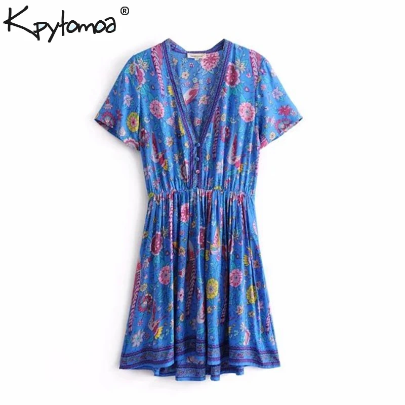 

Boho Vintage Bird Floral Print Mini Dress Women 2019 New Fashion V Neck Short Sleeve Summer Beach Dresses Casual Femme Vestidos