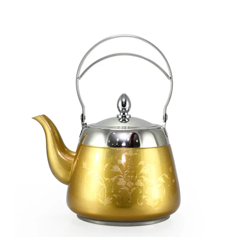 С чайным фильтром, чайник из нержавеющей стали, цветочный узор, Дворцовый чайный горшок, толстое дно, кунг-фу, чайник, кофейник - Цвет: Gold 1.5L