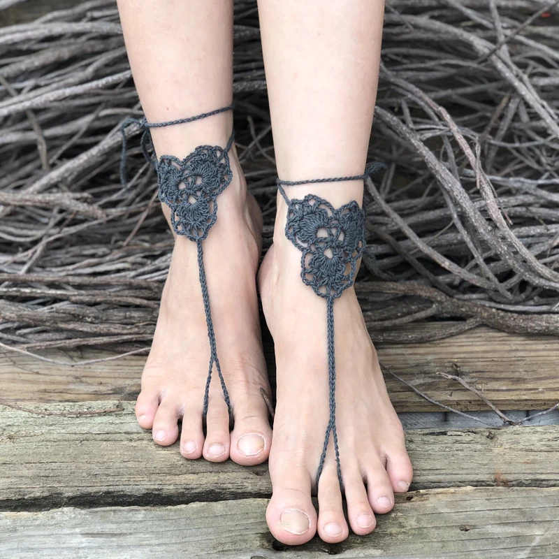 1 Pairs Trendy Handmade Crochet Barefoot Sandals Beach Yoga Anklet Jewelry Geometric Pattern Bridal Wedding Anklet Accessories