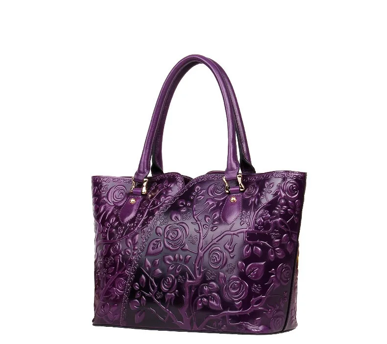 Винтажная дизайнерская женская сумка на плечо из натуральной коровьей кожи с длинным ремешком и цветочным узором, женский большой кошелек, фиолетовая сумка