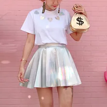 Женские летние белые шикарные одноцветные голографические кожаные плиссированные юбки с высокой талией Мини Короткие Юбки 50