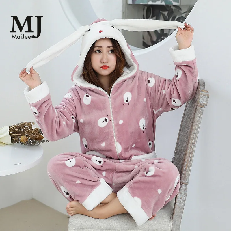 

X023 MaiJee Bath Robe Flannel Ladies Plus Size Pajamas Plus Velvet Pajamas Flannel Lady Rabbit Cartoon Animal Conjoined Large