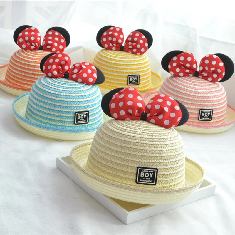 

Summer Kids Straw Hat Cute Dot Big Bowknot Floppy Panama Hats Candy Color Girls Children Sun Visor Beach Hat