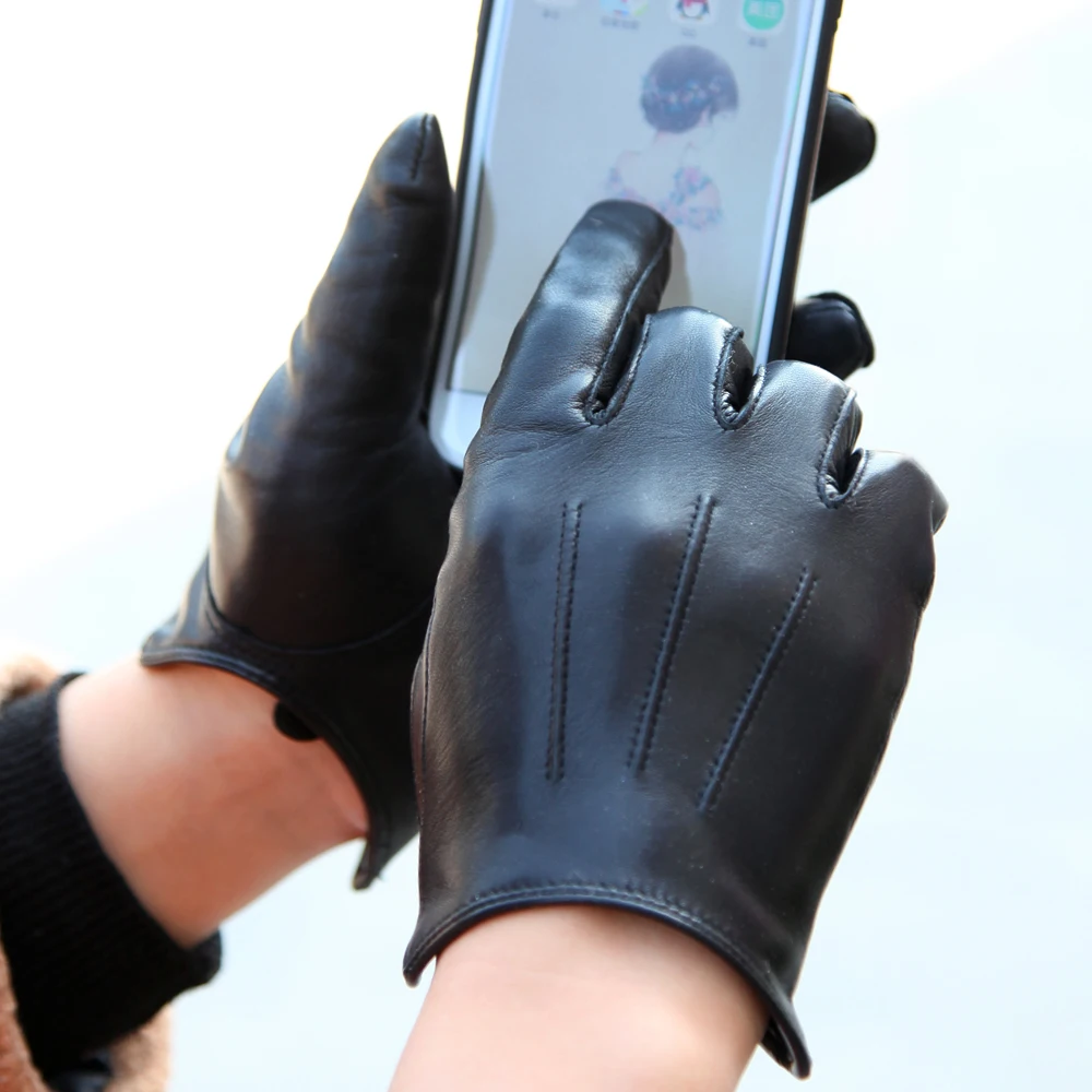 Touchscreen Genuine Leather Gloves Female Thin Style Plus Velvet Keep Warm Driving Short Style Thicken Sheepskin Gloves  FL001