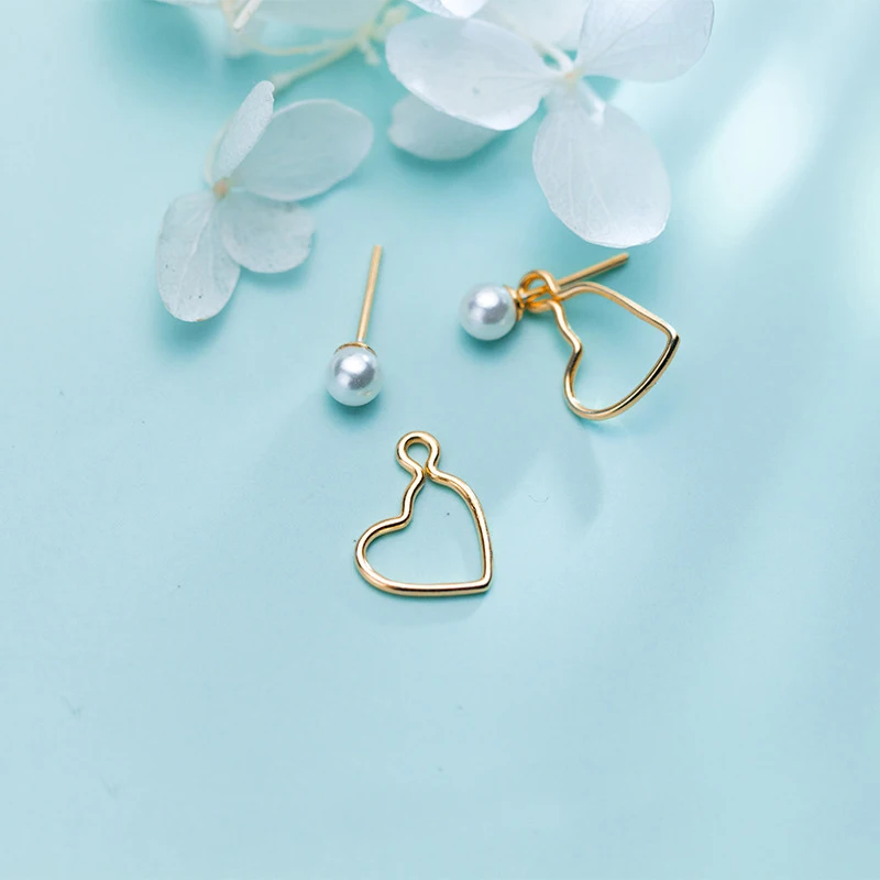 

MloveAcc Authentic 925 Sterling Silver Romantic Heart Stud Earrings for Women Pearl Luxury Gold Color Jewelry Brincos