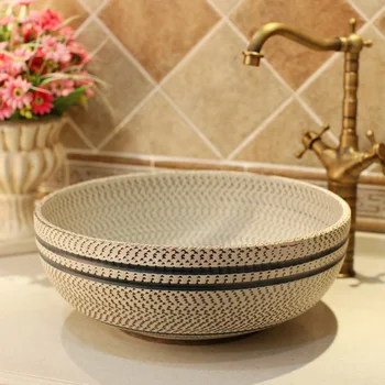 

European style Round Jingdezhen artistic basin wash basin countertop brown with black line ceramic wash basin Bathroom sink