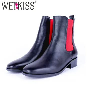 

WETKISS Elastic Cow Leather Women Ankle Boots Square Toe Footwear Female Boot Fashion Thick Heels Shoes Woman Spring 2019 New