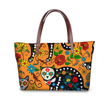 

ELVISWORDS African Skull Cat Print Handbags Large College Shoulder Bag For Girls Retro Floral Totes ID Card Purse Cross Body Bag
