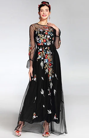 Женское платье с цветочной вышивкой, летнее длинное платье с длинными рукавами, тюлевое платье черного цвета - Цвет: Черный