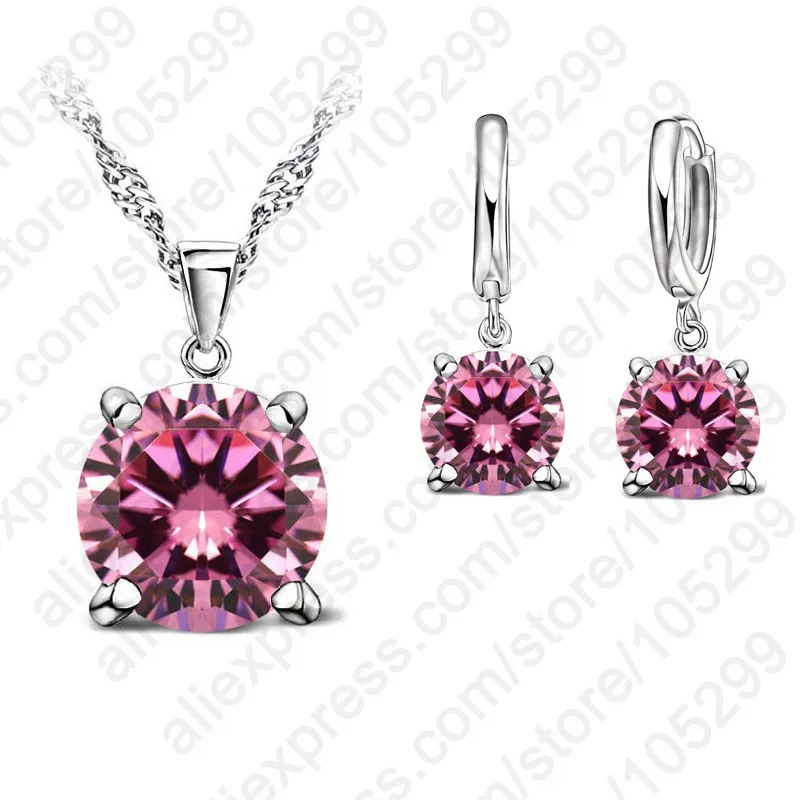 925 пробы серебряные Ювелирные наборы 4 когти кубический цирконий CZ кулон ожерелье серьги Модные ювелирные изделия для женщин наборы - Окраска металла: pink