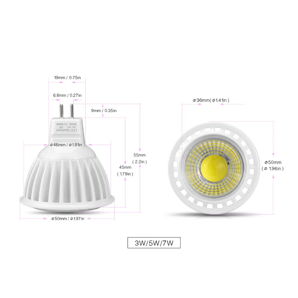 GU10 Светодиодный светильник 110 В 220 В 3 Вт 5 Вт 7 Вт MR16 Светодиодный светильник DC/AC 12 В-24 В с регулируемой яркостью COB Светодиодный точечный светильник из алюминия AC85V-265V GU5.3 точечный светильник