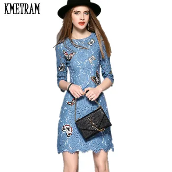 

European Style High Quality Women Fashion 2019 Summer Dress Embroidery Lace Dresses Half Sleeve Slim Vestido Vintage YJZ019