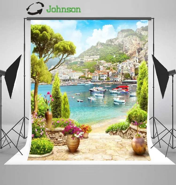 

Mountain Cottage Sea Beach Boat Tree Flower Garden background polyester or Vinyl cloth Computer print wedding backdrop