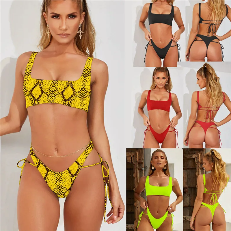 Bknin Yellow Snake Bikini 2019 Summer Neon High Leg Swimwear Leopard Print 2 Piece Thong Biquini Brazilian Tanga String Bandage