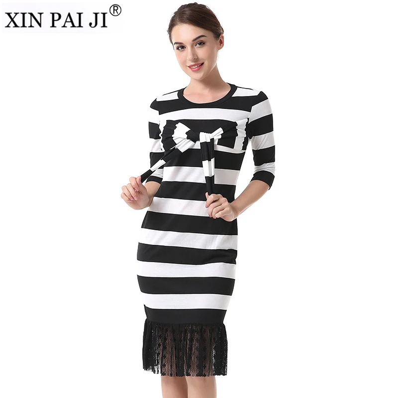 

New Arrival 2018 Summer Women's Dress Black White Striped Round Neck Half Sleeve Stitching Lace Slim Mermaid Dress