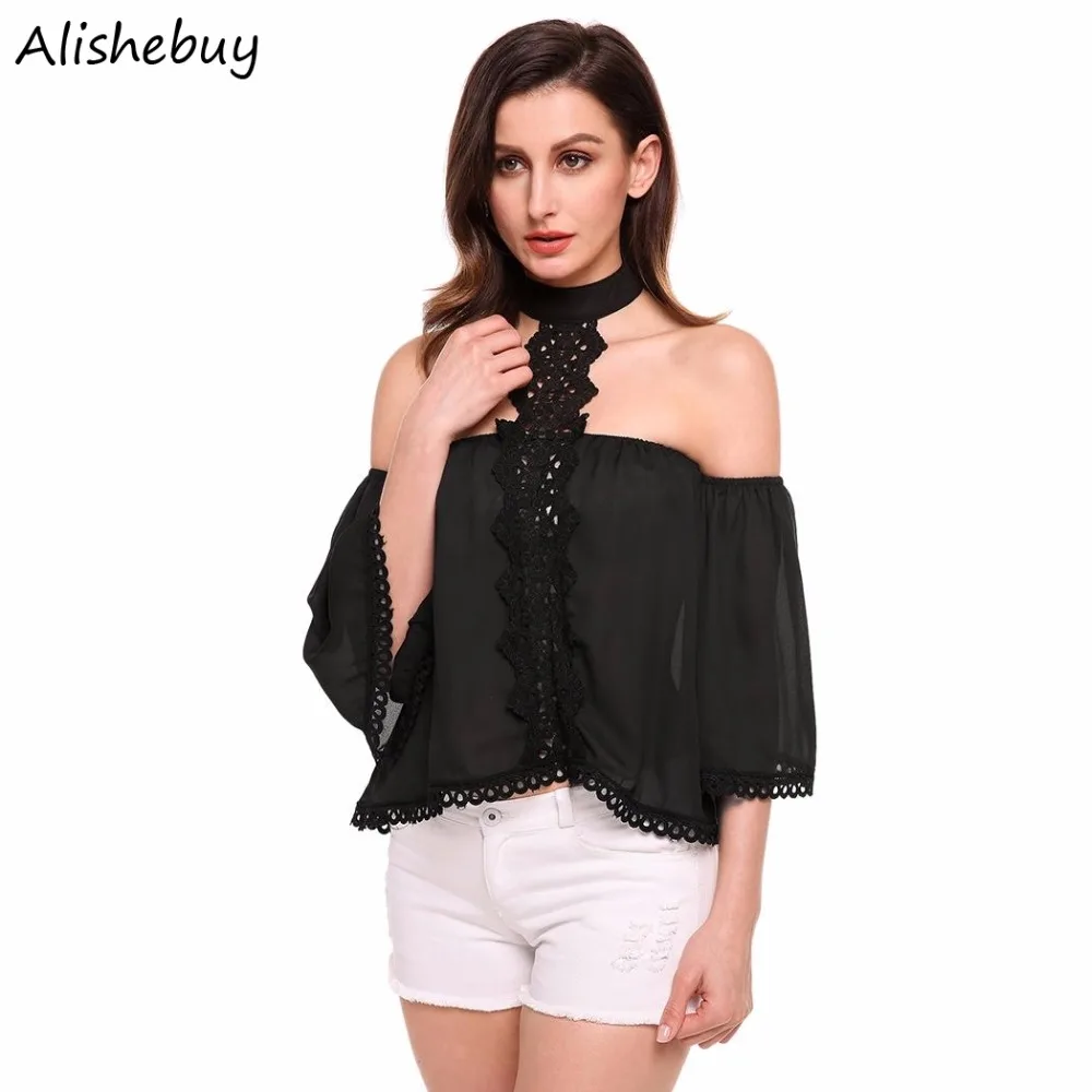 Women Casual Cut Out Shoulder Blouses Lace Patchwork Sweet Loose