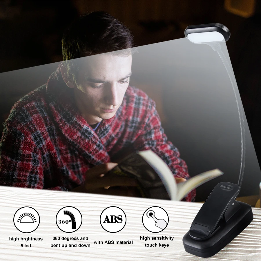 Portable LED Table Lamp With Clamp 5 LEDs Flexible Eye-Protection Desk Lamp AAA Battery Powered High Lumen For Kid Night Reading
