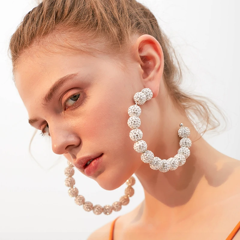 

8cm*9cm C type earrings inlay Artificial rhinestone Ball design Shiny hoop earrings for elegant women dress decoration jewelry
