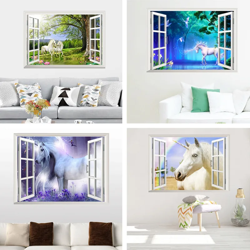 

3D Window View Dream Unicorn Wall Stickers Vinyl Art Home Decor for Girls Room Decal Nursery Cartoon Design Removable Wallpaper