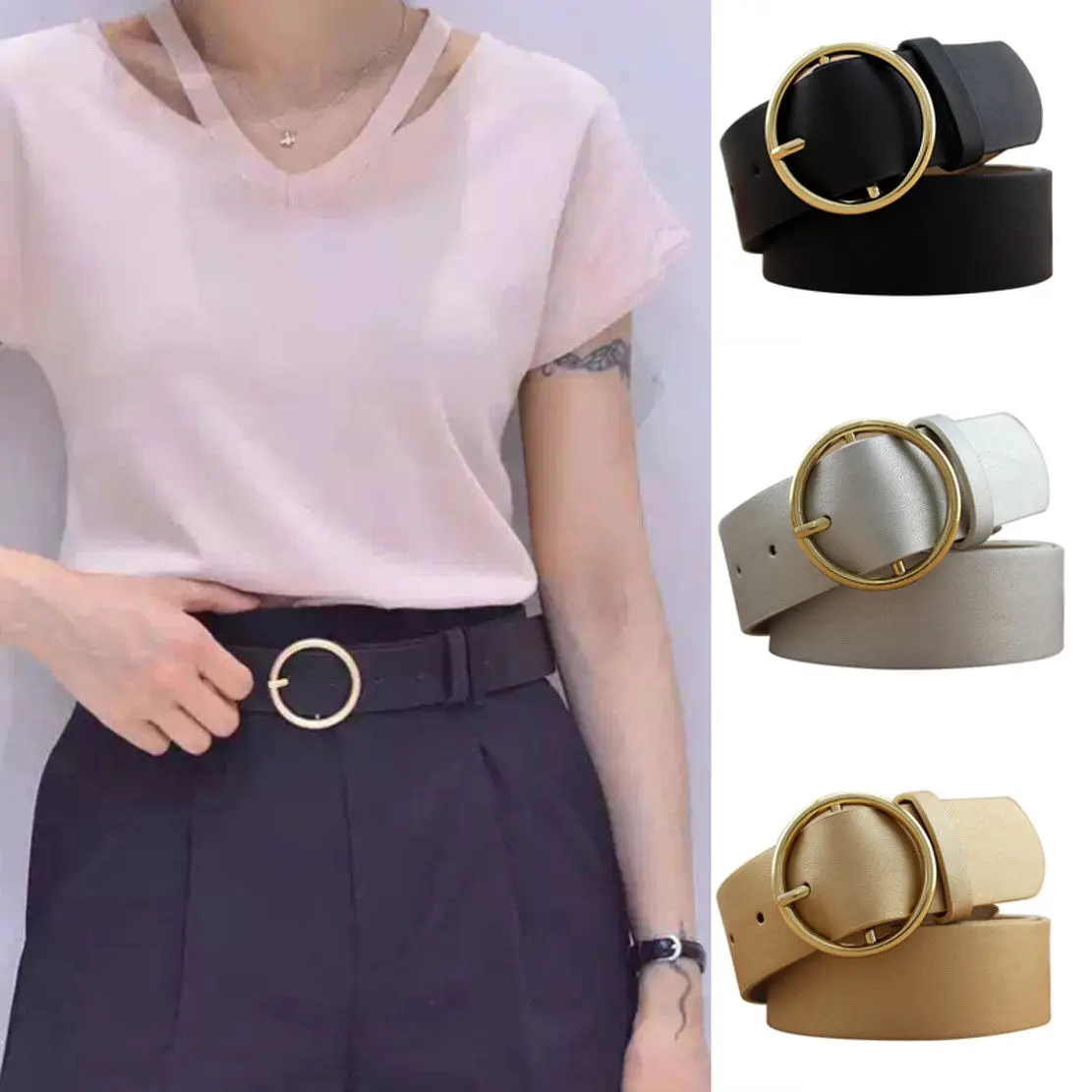 New Gold Round Metal Circle Belt Female Gold Silver Black White PU