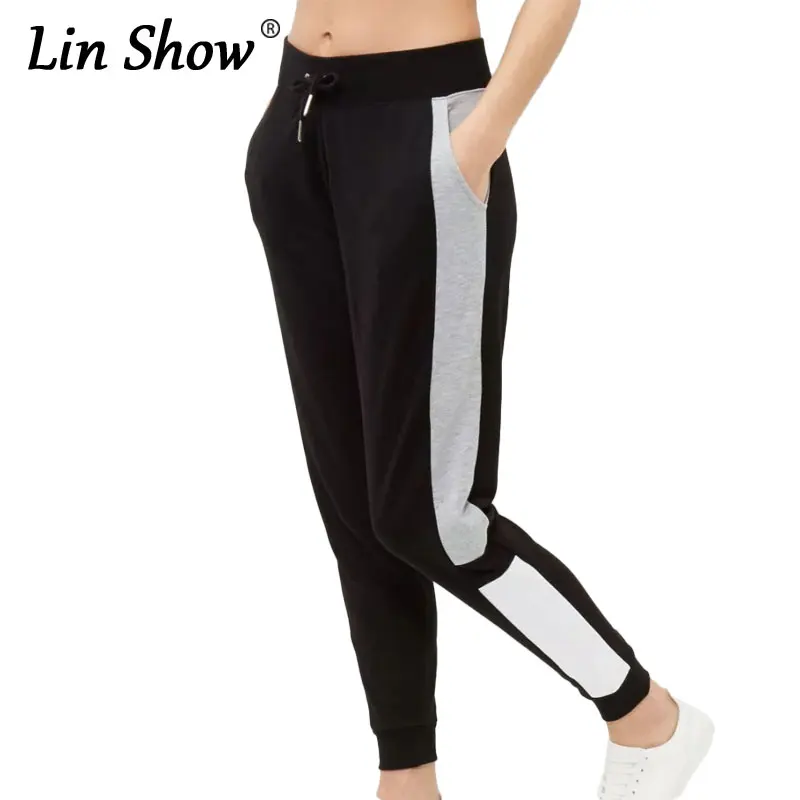 LINSHOW Elastic Patchwork Women Pencil Pants 2016 Autumn Casual Black