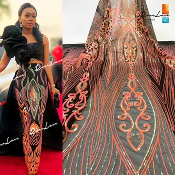 

Orang And Gold Color Sequined Embroidered Special Design Tulle Lace Fabrics Unique Wedding Dress Sewing Sequins Net Mesh Sewing