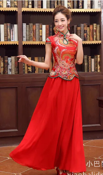 1 компл./лот,, женский длинный чонсам, Красный шифон и сатин, свадебное платье Чонсам с вышивкой, домашний халат с изображением дракона, платье 5 размеров